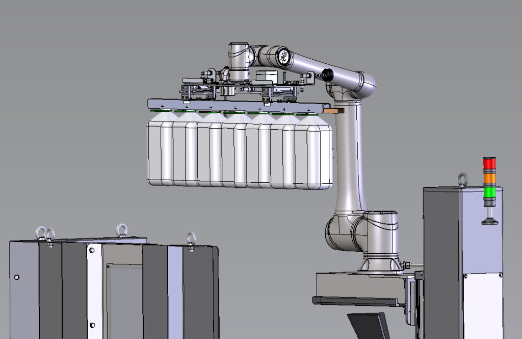 Dibujo técnico de cobot en línea de embotellado